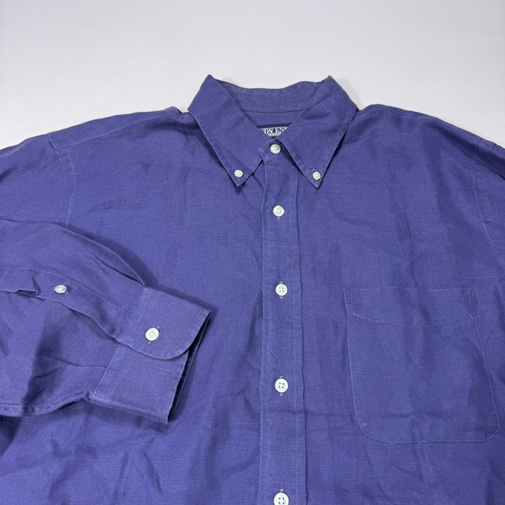 Lands End Mens 100% Linen Button Down Dress Shirt Blue Regular 15.5 33 Luxury